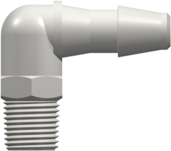 1/8-27 NPT Thread Elbow with 7/16" Hex to 200 Series Barb 1/4" (6.4 mm) ID Tubing White Nylon
