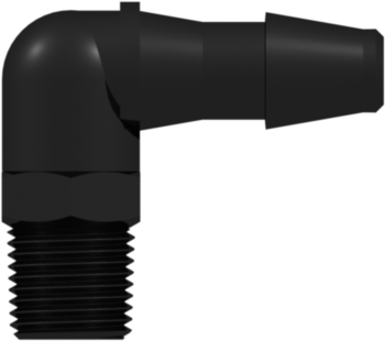 1/8-27 NPT Thread Elbow with 7/16" Hex to 200 Series Barb 1/4" (6.4 mm) ID Tubing Black Nylon