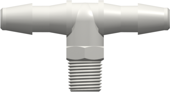 1/8-27 NPT Thread Tee with 7/16" Hex to 200 Series Barb 1/4" (6.4 mm) ID Tubing White Nylon