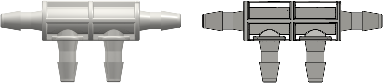 Four-port Thru Flow Double Elbow Style Manifold with 200 Series Barbs 3/32" (2.4 mm) ID Tubing White Nylon