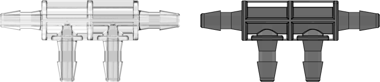 Four-port Thru Flow Double Elbow Style Manifold with 200 Series Barbs 3/32" (2.4 mm) ID Tubing Clear Polycarbonate Bayer Makrolon 2558