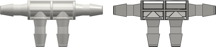 Four-port Thru Flow Double Elbow Style Manifold with 200 Series Barbs 1/8" (3.2 mm) ID Tubing White Nylon