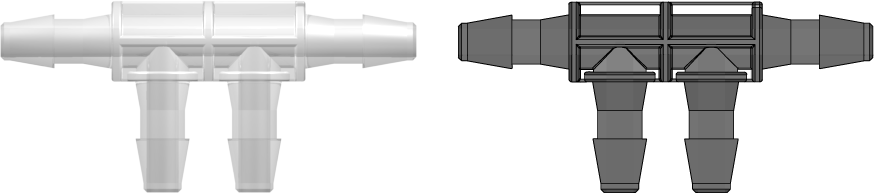 Four-port Thru Flow Double Elbow Style Manifold with 200 Series Barbs 1/8" (3.2 mm) ID Tubing Animal-Free Natural Polypropylene