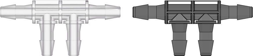 Four-port Thru Flow Double Elbow Style Manifold with 200 Series Barbs 1/8" (3.2 mm) ID Tubing Natural Kynar PVDF