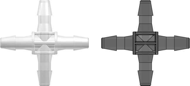 Four-port Cross Style Manifold with 200 Series Barbs for 1/8" (3.2 mm) ID Tubing Animal-Free Natural Polypropylene