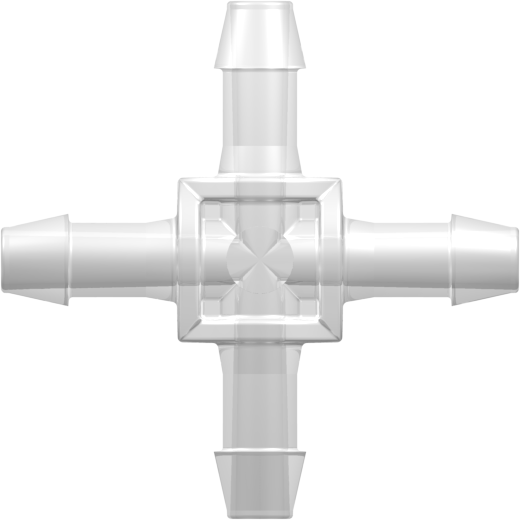 Four-Port Cross Style Manifold with 600 Series Barbs for 1/4" (6.4 mm) ID Tubing Animal-Free Natural Polypropylene