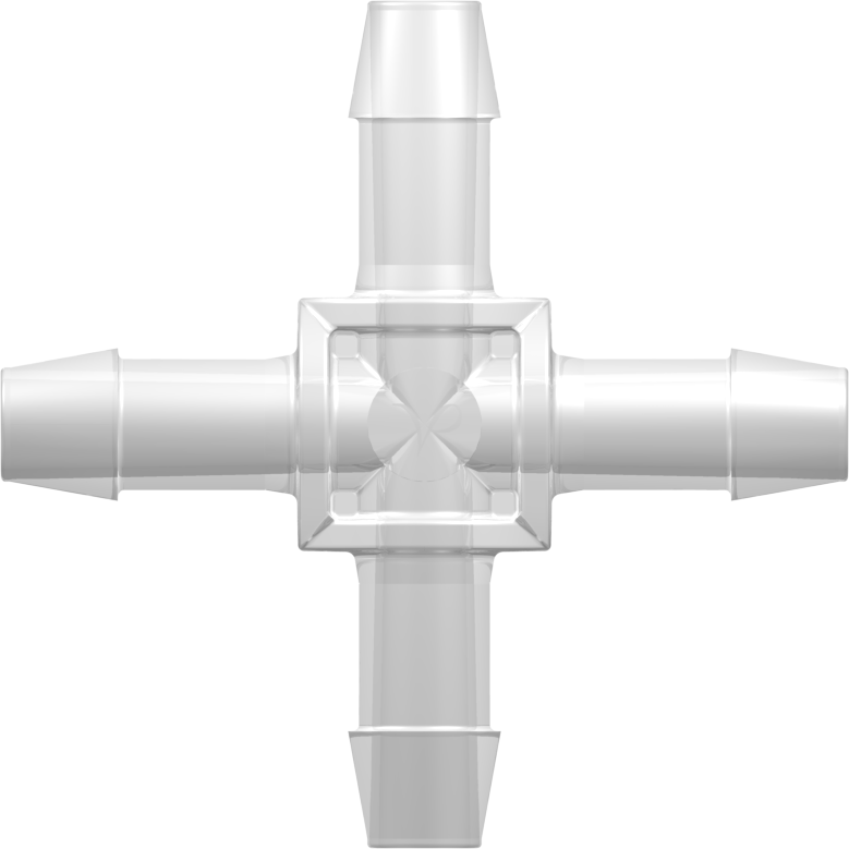 Four-Port Cross Style Manifold with 600 Series Barbs for 3/8" (9.5 mm) ID Tubing Animal-Free Natural Polypropylene