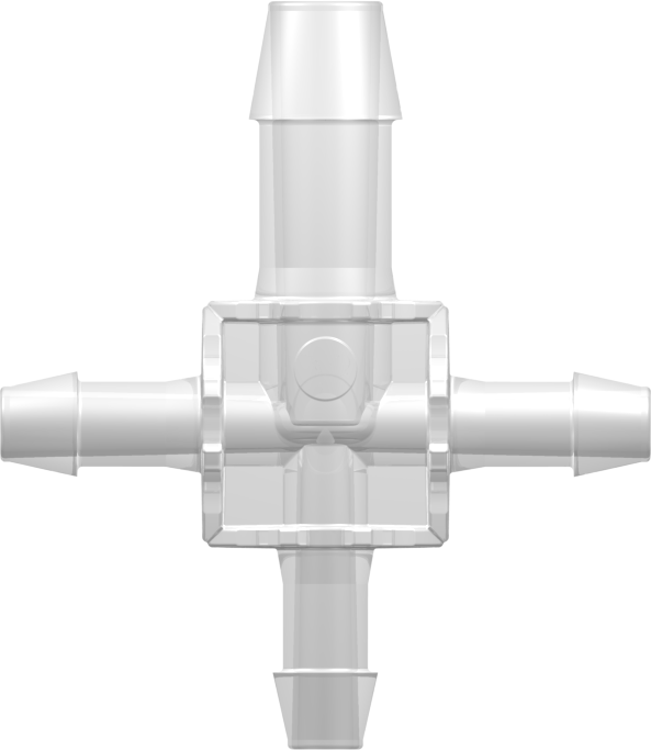 Four-Port Cross Style Manifold with 600 Series Barbs for 3/8" (9.5 mm) and (3X) 1/4" (6.4 mm) ID Tubing Animal-Free Natural Polypropylene (Patent Pending)