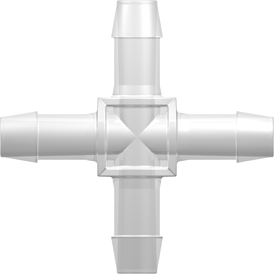 Four-Port Cross Style Manifold with 600 Series Barbs for 1/2" (12.7 mm) ID Tubing Animal-Free Natural Polypropylene
