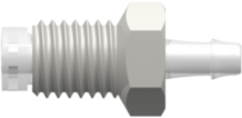 1/4-28 UNF Bottom Sealing Rotating Thread with 5/16" Hex to 500 Series Barb 3/32" (2.4 mm) ID Tubing White Nylon over Animal-Free Polypropylene