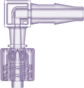 Male Luer Elbow to 3/16" Classic Series Barb Gamma Stable Polycarbonate (CF361-9002) with Gamma Stable Polycarbonate Rotating Lock Ring (FSLLR-9002)