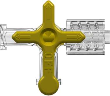 High Pressure Stopcock 500 psi 3-way Female Luer to Female Luer to Male Luer w/ Luer Lock Ring Clear PC Body 4 arrow Gold color Acetal Diverter and Clear PC Lock Ring.