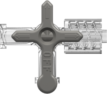 High Pressure Stopcock 500 psi 3-way Female Luer to Female Luer to Male Luer w/ Luer Lock Ring Clear PC body 4 Arrow Grey color acetal diverter and Clear PC lock ring.