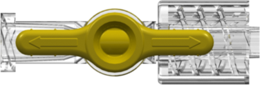 High Pressure Stopcock 500 psi 1-way Female Luer to Male Luer w/ Luer Lock Ring Clear PC Body 2 Arrow Gold Color Acetal Diverter and Clear PC Lock Ring.