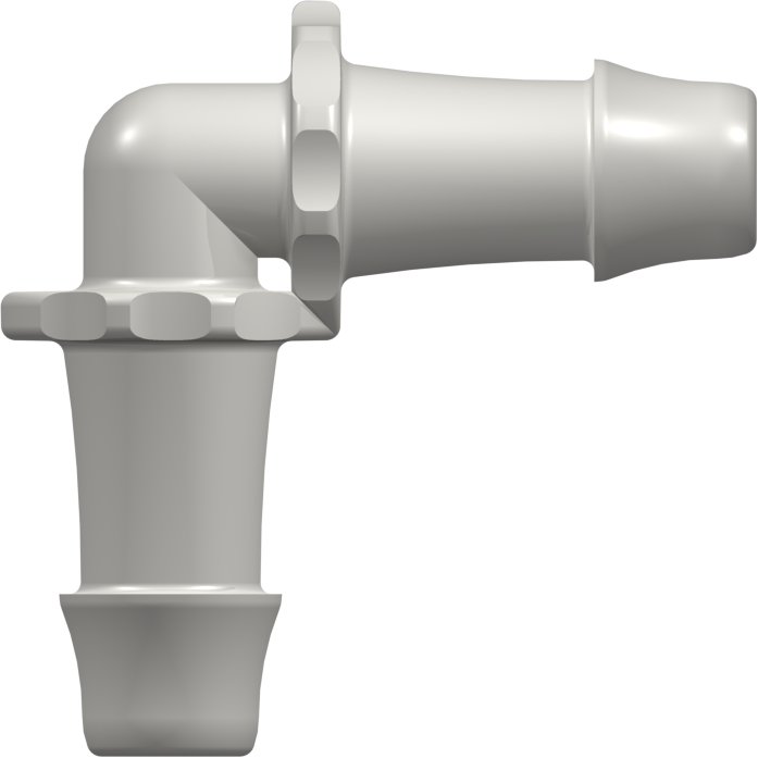 Elbow Tube Fitting with 500 Series Barbs 5/8" (16.0 mm) ID Tubing Natural Nylon