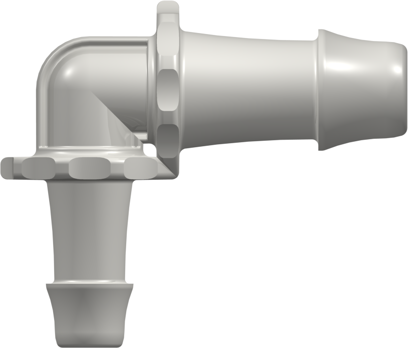 Elbow Reduction Tube Fitting with 500 Series Barbs 3/4" (19.0 mm) and 1/2" (12.7 mm) ID Tubing Natural Nylon