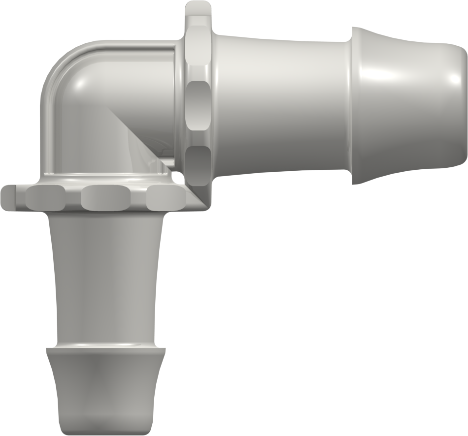 Elbow Reduction Tube Fitting with 500 Series Barbs 1" (25.4 mm) and 3/4" (19.0 mm) ID Tubing Natural Nylon
