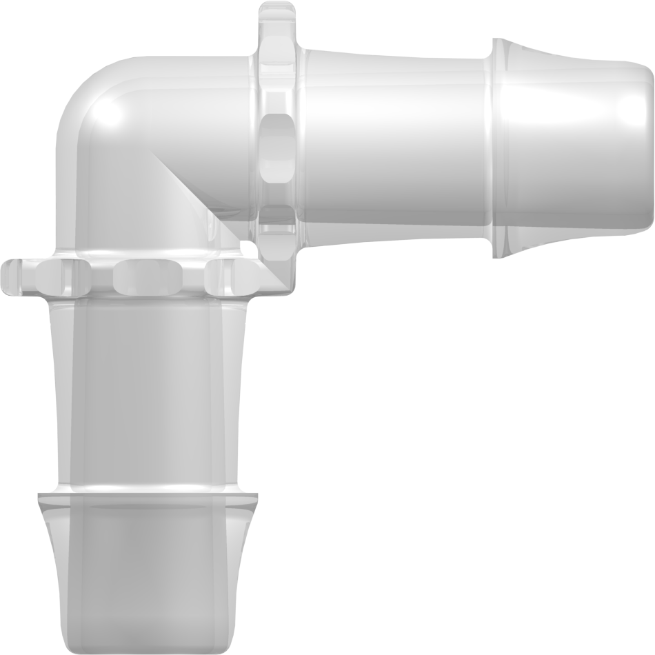 Elbow Tube Fitting with 500 Series Barbs 1.0" (25.5 mm) ID Tubing Animal-Free Natural Polypropylene