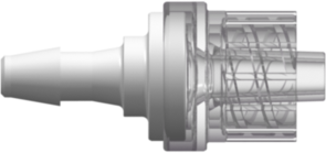 Check Valve Male Locking Luer x 200 Series Barb 1/8" (3.2 mm) ID Tubing Cracking Pressure <= .087 psig Flow Rate >= 150 ml/min White SAN and Clear MABS w/Silicone Diaphragm