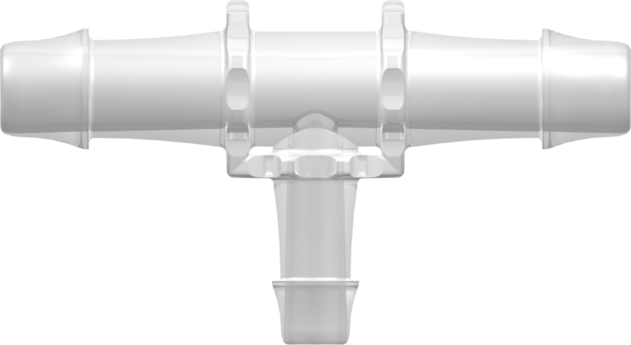 Tee Reduction Tube Fitting with 500 Series Barbs 3/4" (19.0 mm) and 1/2" (12.7 mm) ID Tubing Animal-Free Natural Polypropylene