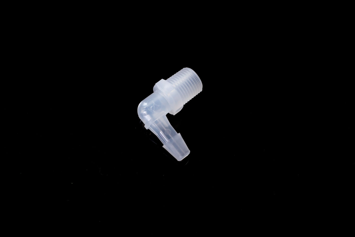 PP　1/8-27NPTオスネジ付きL型アダプター 軟質チューブ内径5.0mm：3/16"