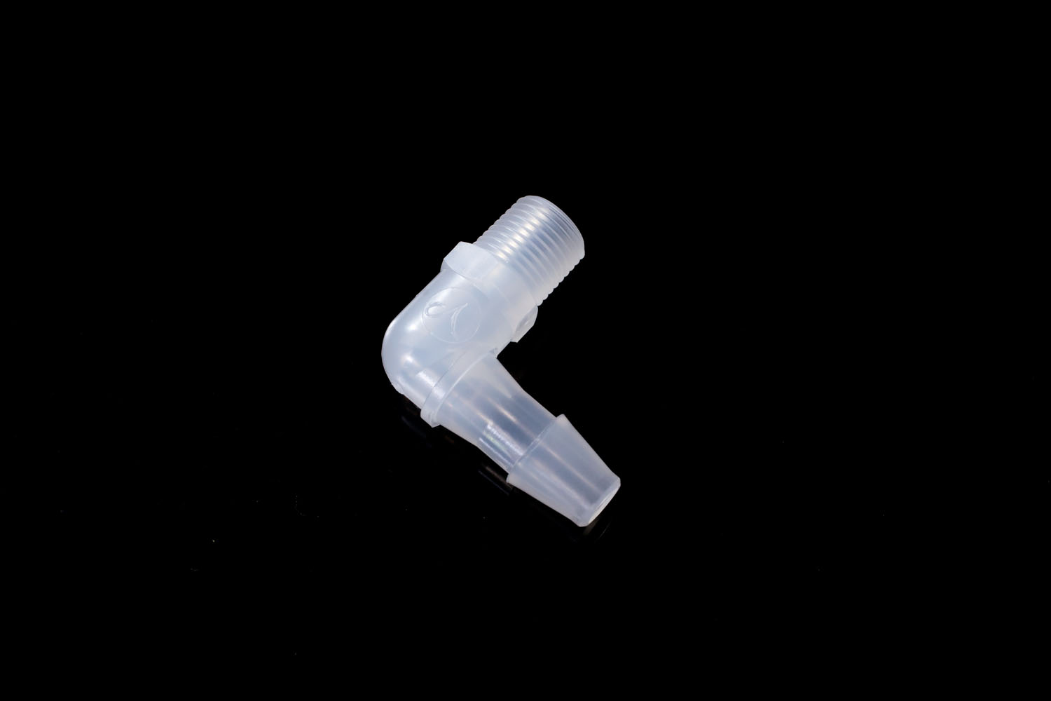 PP　1/8-27NPTオスネジ付きL型アダプター 軟質チューブ内径6.5mm：1/4"